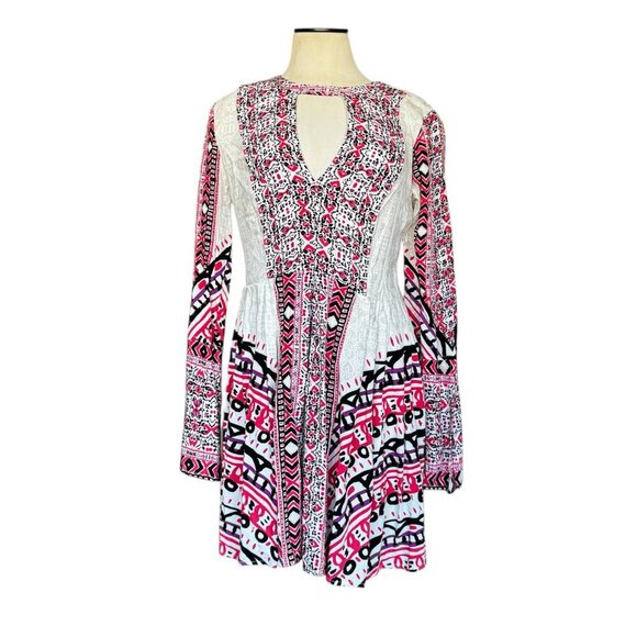 FREE PEOPLE 4 Tegan Mini Dress Tunic Pink Purple Cutout Long Sleeve Geometric - Picture 1 of 9